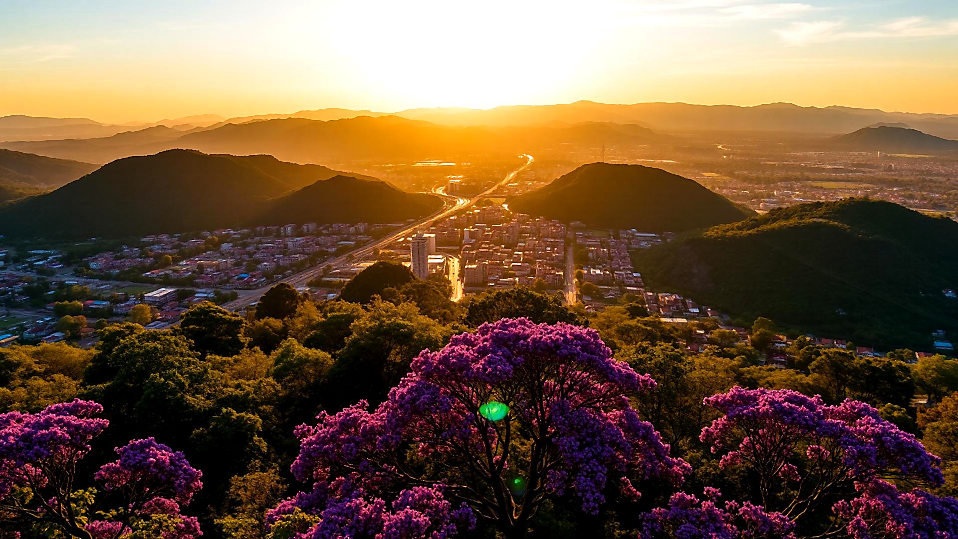 Vista panorâmica de Poços de Caldas com jacarandás em flor